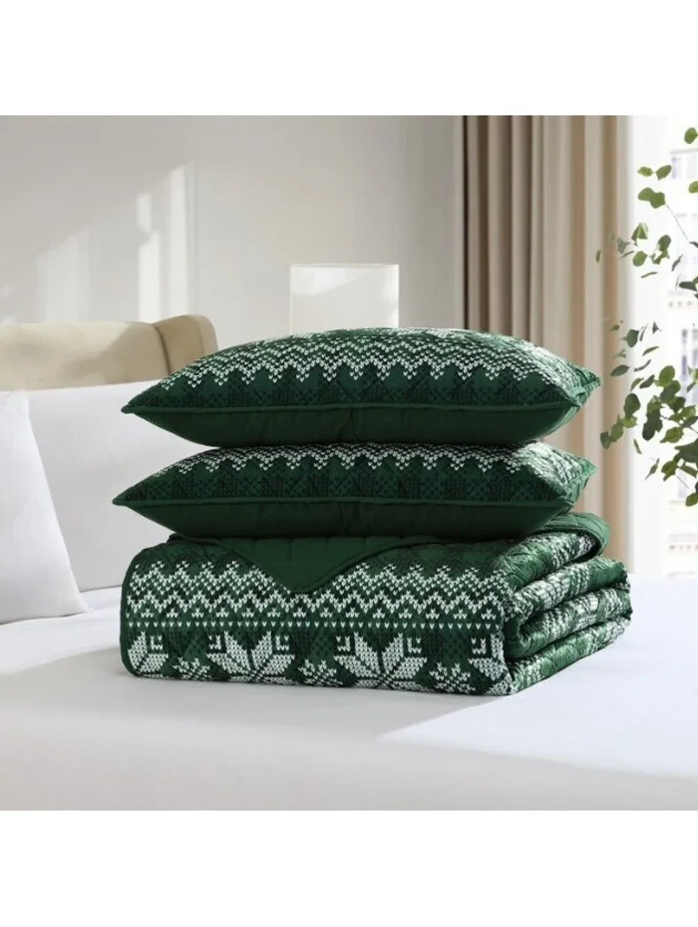 Lenox 3-Piece Quilt Set Snowflake Green FULL/QUEEN